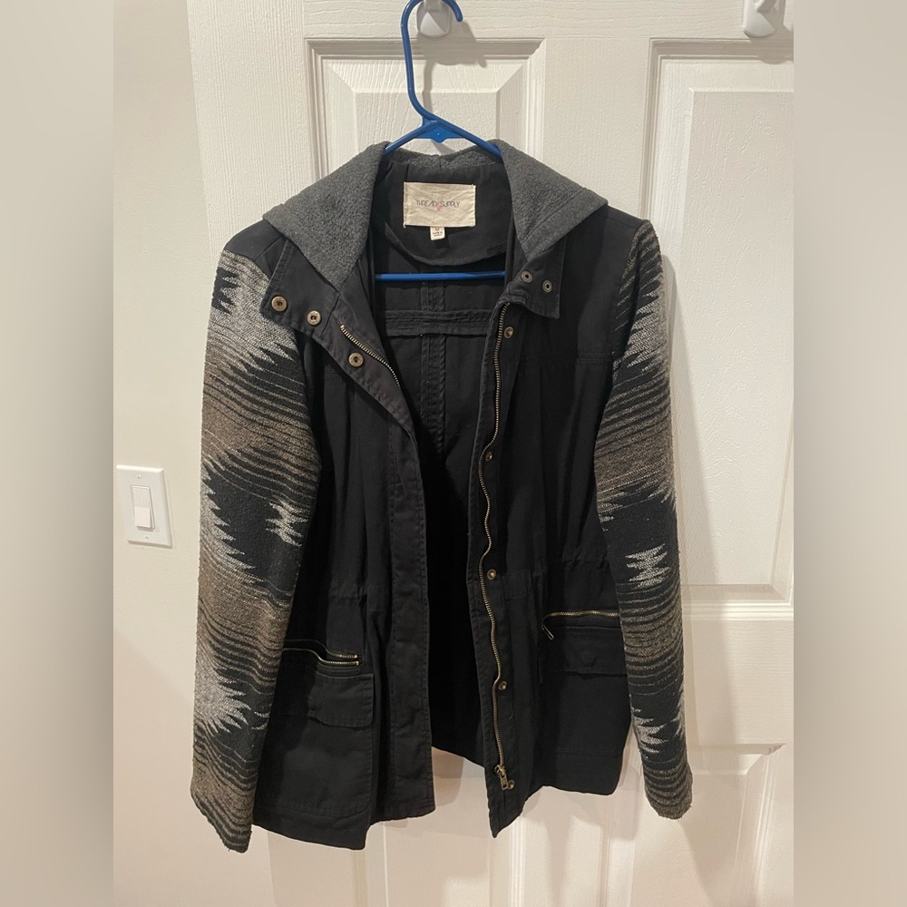 Thread & Supply black jacket with Aztec style sleeves and grey hood